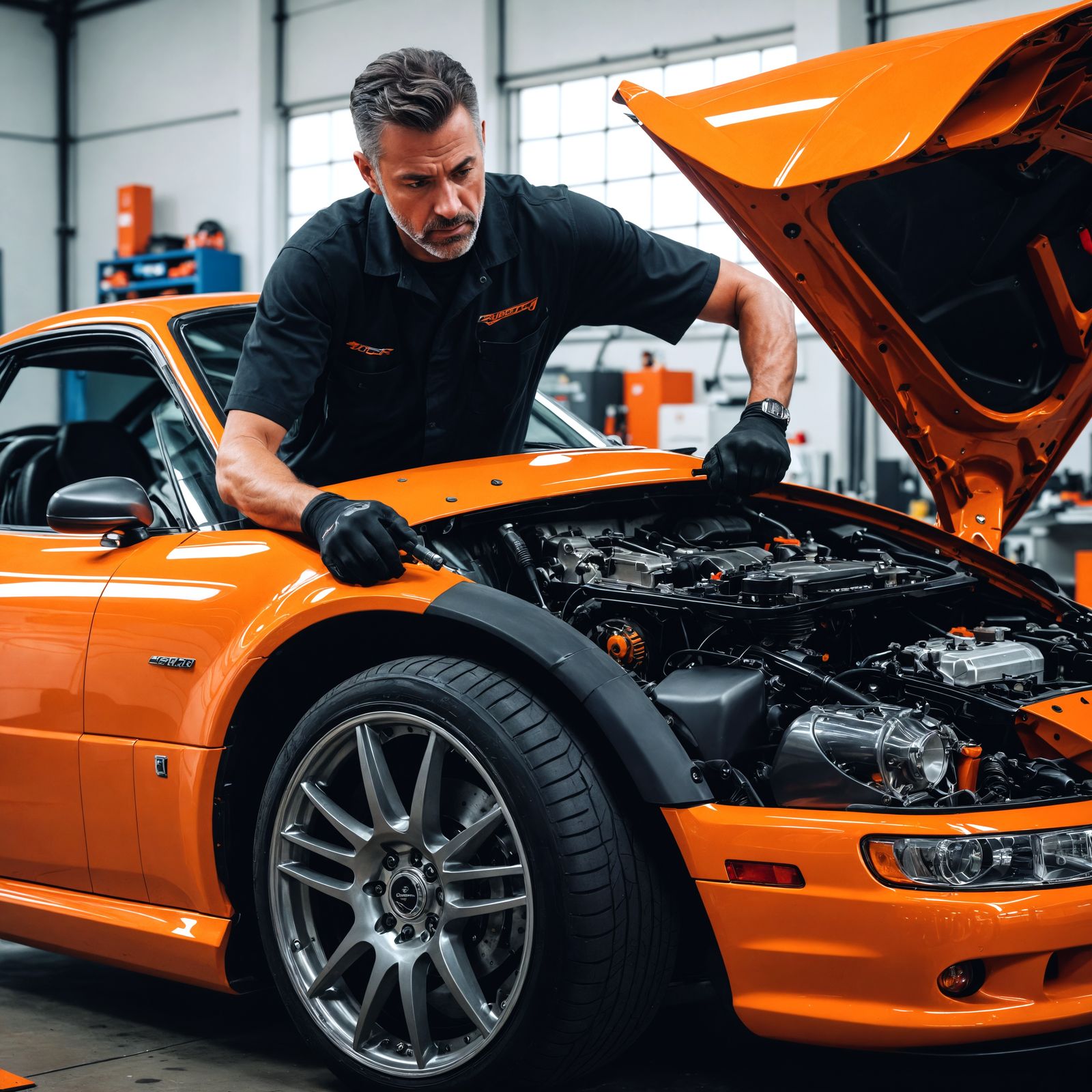 Mechanic Fixing Orange Sports Car in Auto Shop
