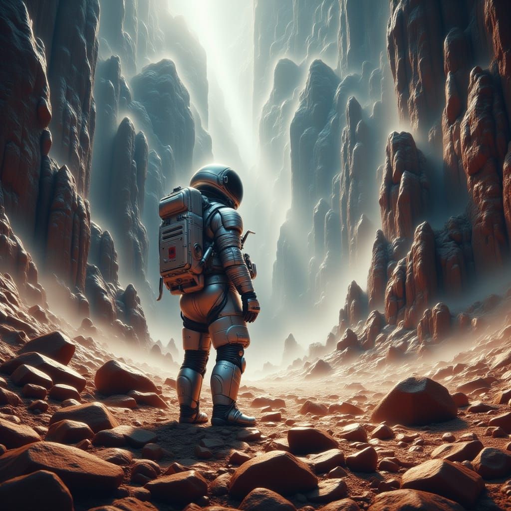 Astronaut in Futuristic Space Suit on Barren Planet