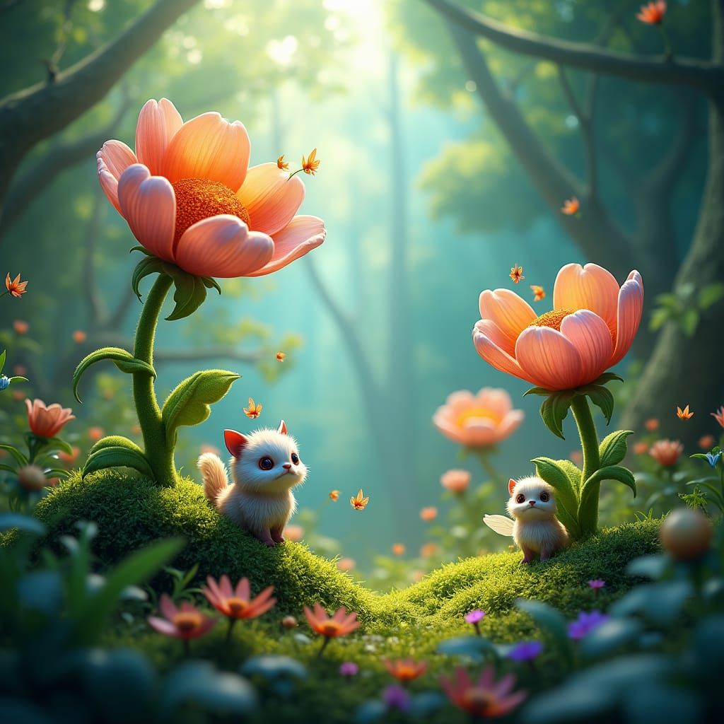 Whimsical Creatures Bloom in Emerald Forest, High-Fantasy Ar...
