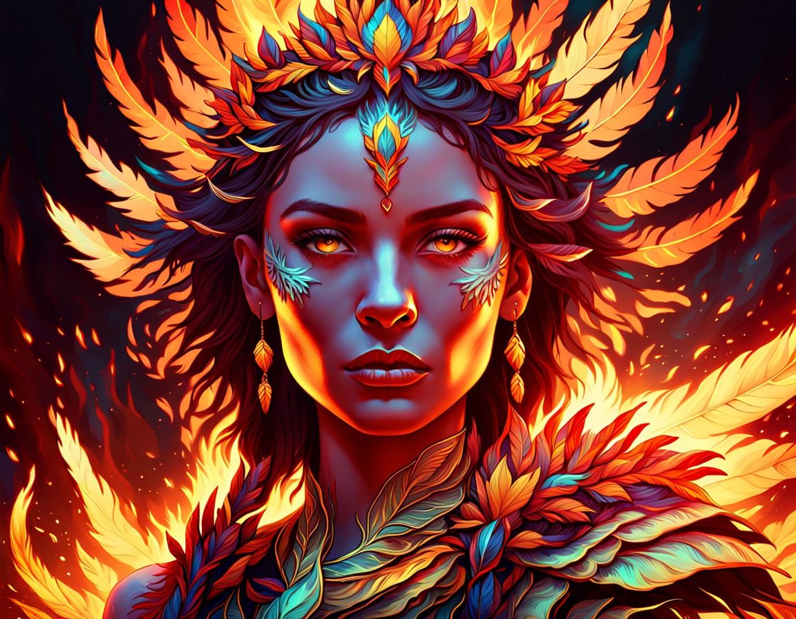 Ethereal Ember Queen Portrait in Fire and Feathers