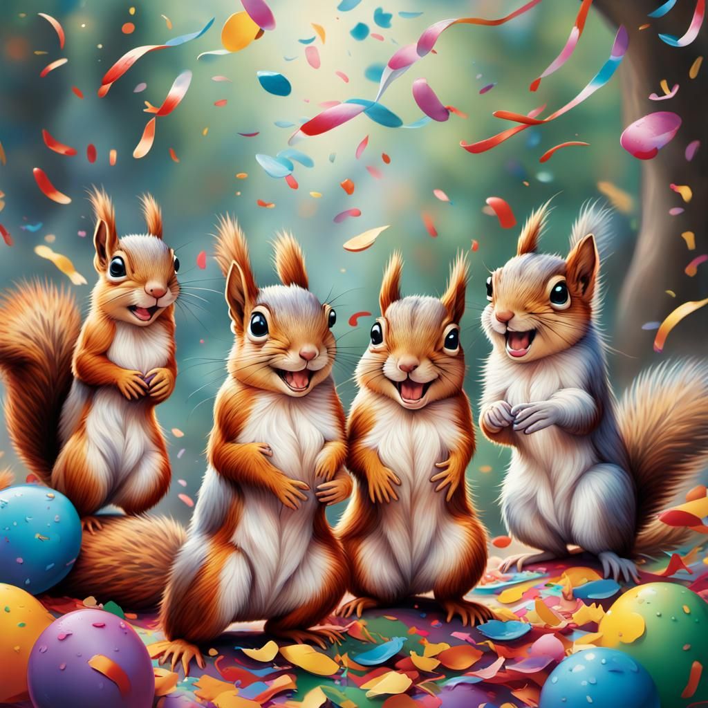hyperrealistic splash art, captures the festive atmosphere of joyous celebrations. a diverse group of wild squirrels  re...