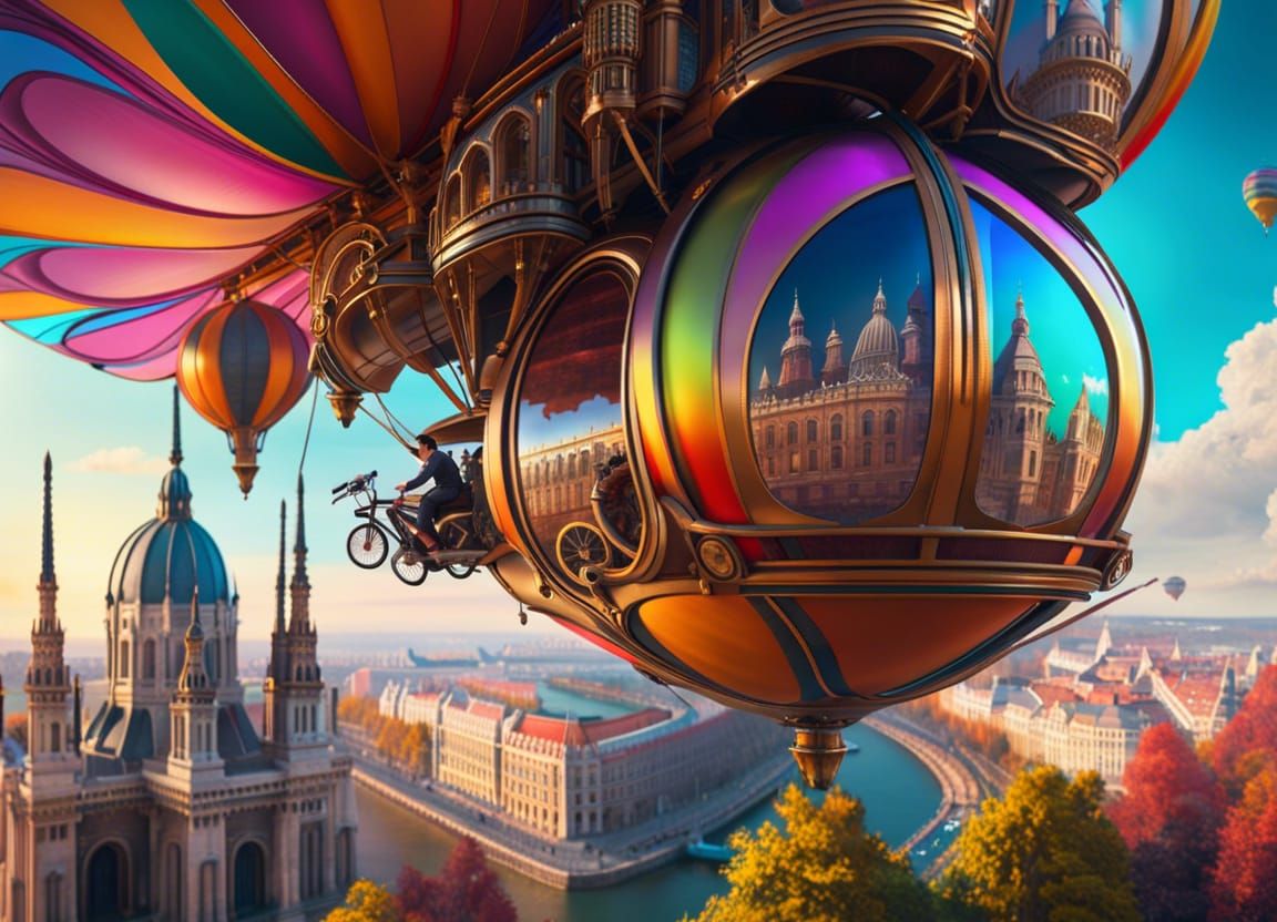 Steampunk Flying Bicycles Over Budapest in Ornate Style