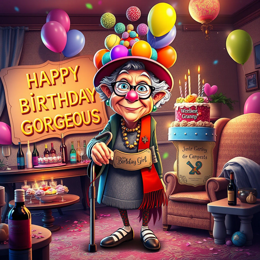 Eccentric Granny's Birthday in Baroque Cartoon Style