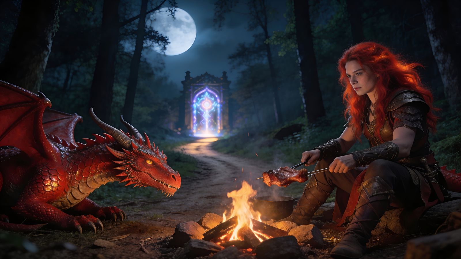 Dragon and Warrior Share Campfire Meal