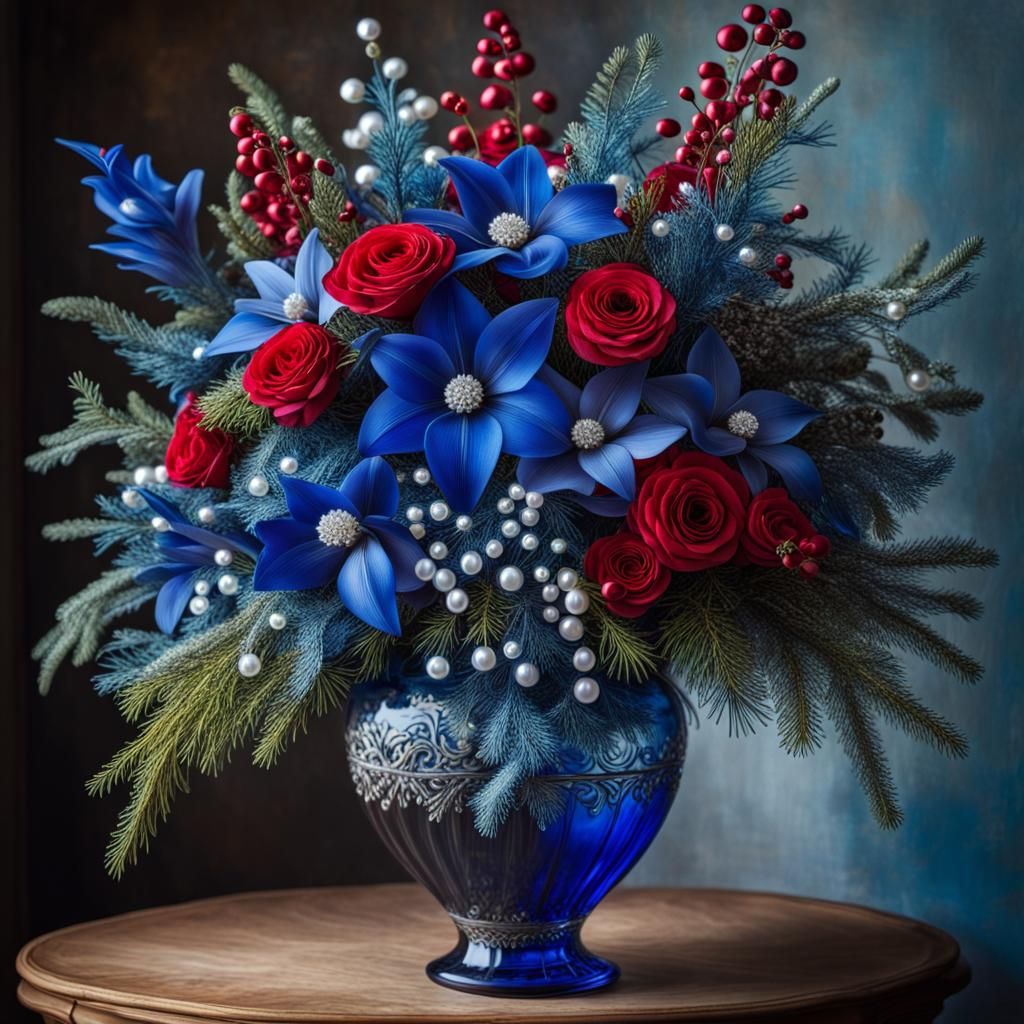 Ornate Christmas Flowers in Blue Glass Vase
