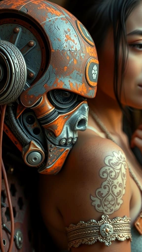 Dystopian Embrace: Cyborg and Woman in Vivid Light