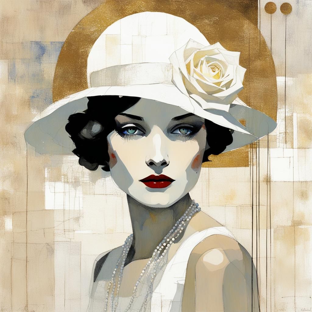 Gatsby Girl with Rose: Minimalist Surreal Illustration