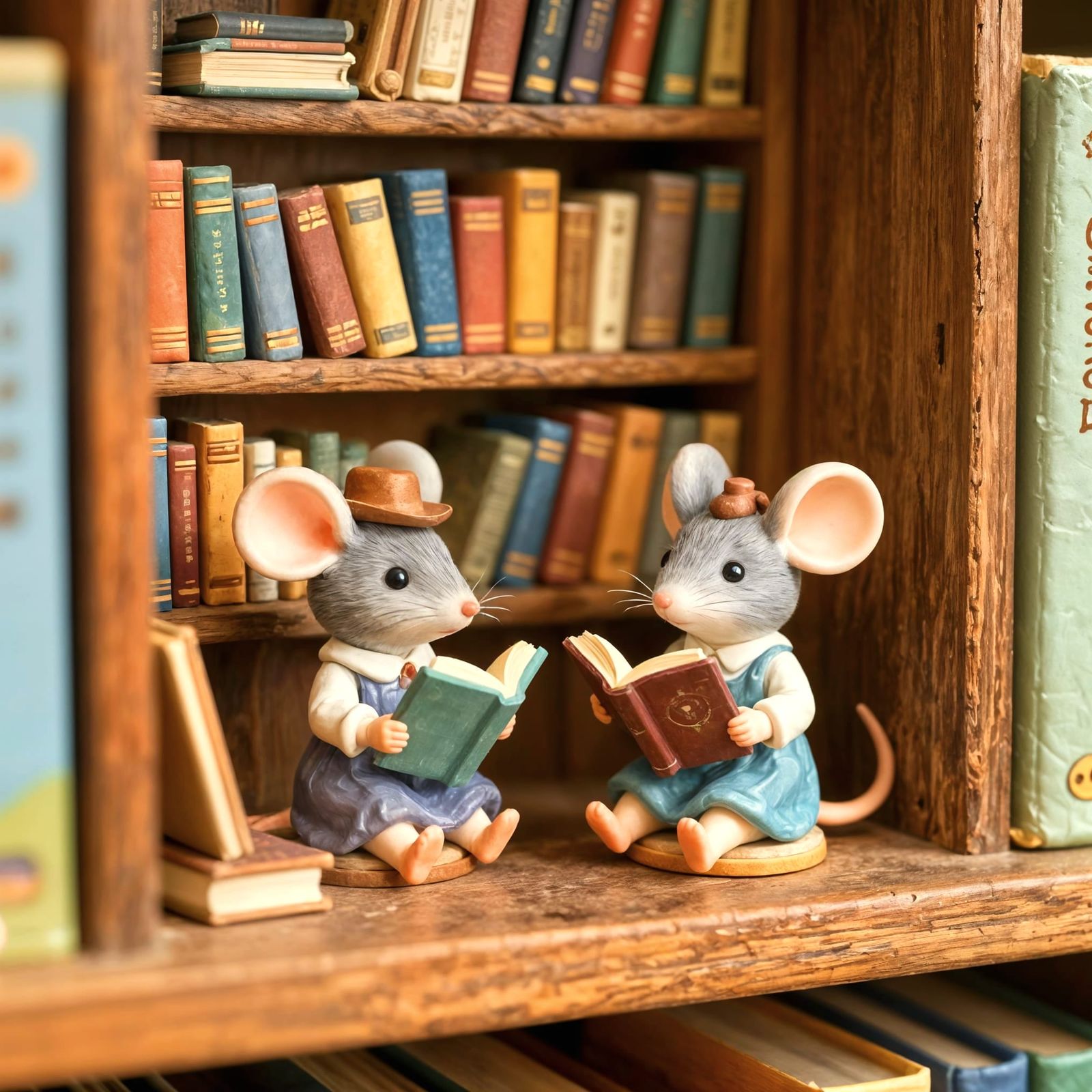 Whimsical Fantasy Library Diorama with Tiny Mice