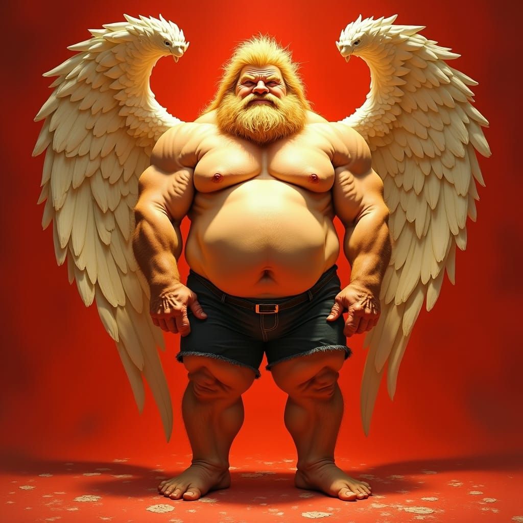 Elderly Bodybuilder with Angelic Wings in Fairy Style