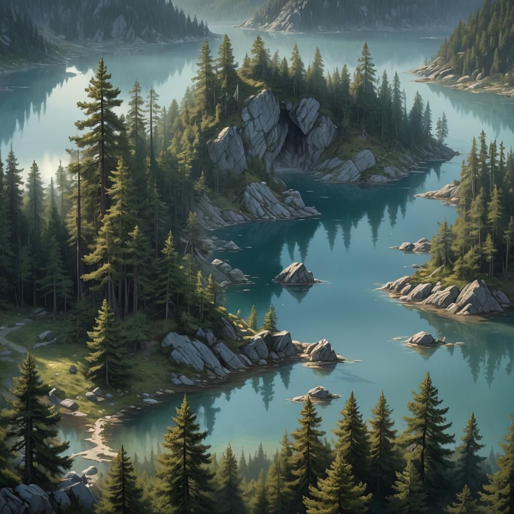 Crystal Lake Fantasy Landscape in Renaissance Style