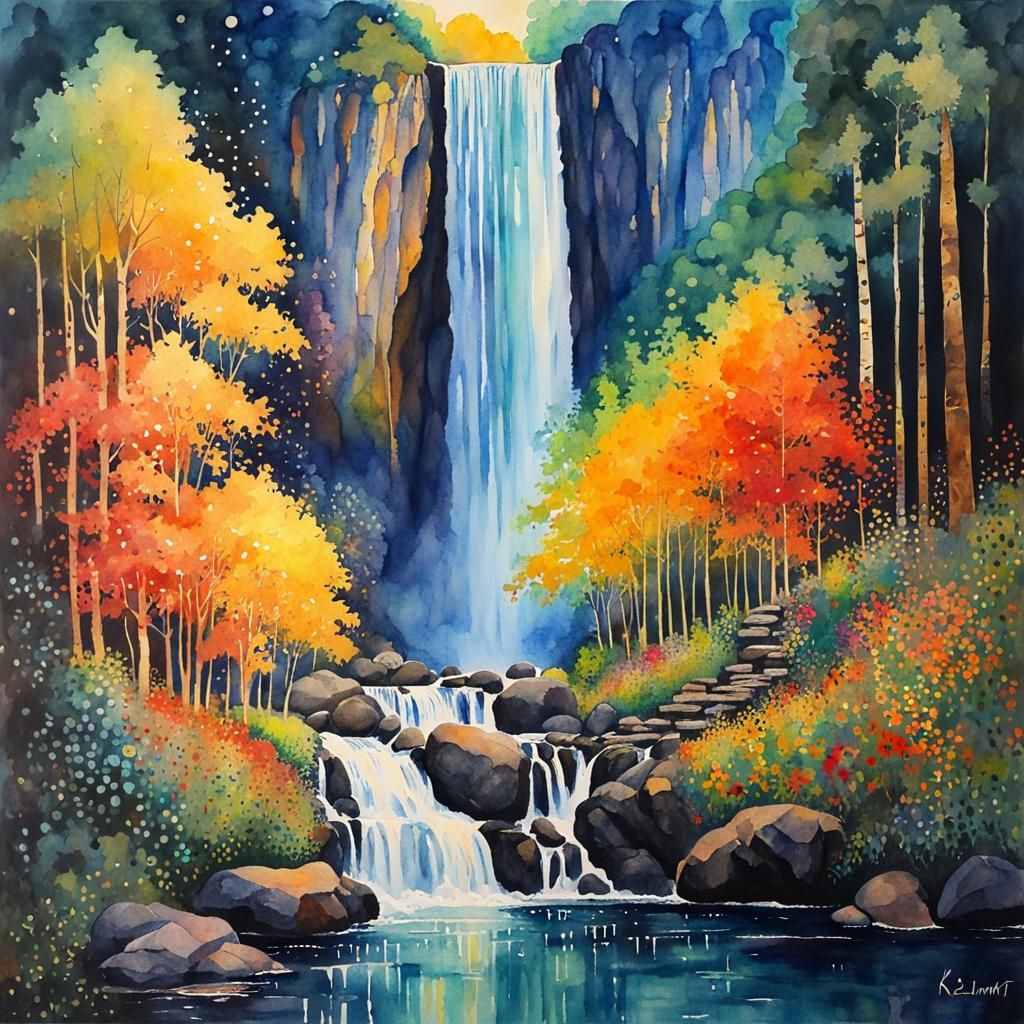Luminous Waterfall in Klimt Kandinsky Watercolor Style
