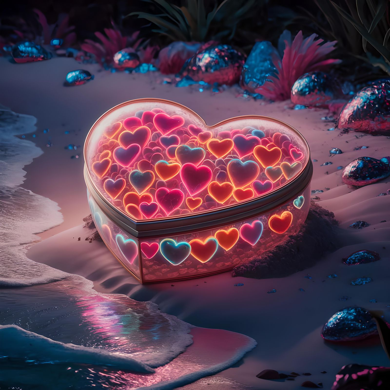 Neon Hearts on a Surreal Beach, Digital Masterpiece