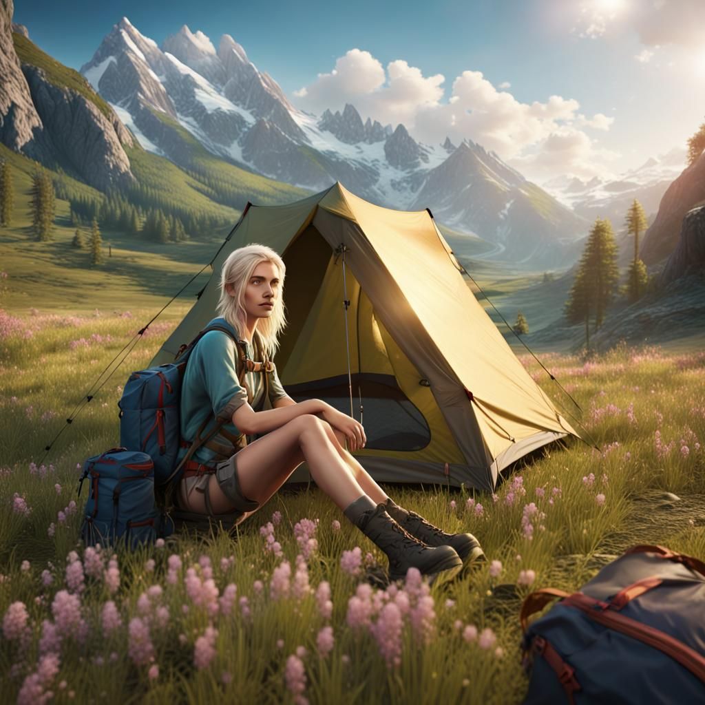 Blonde Backpacker in Mountain Field: Fantasy Concept Art