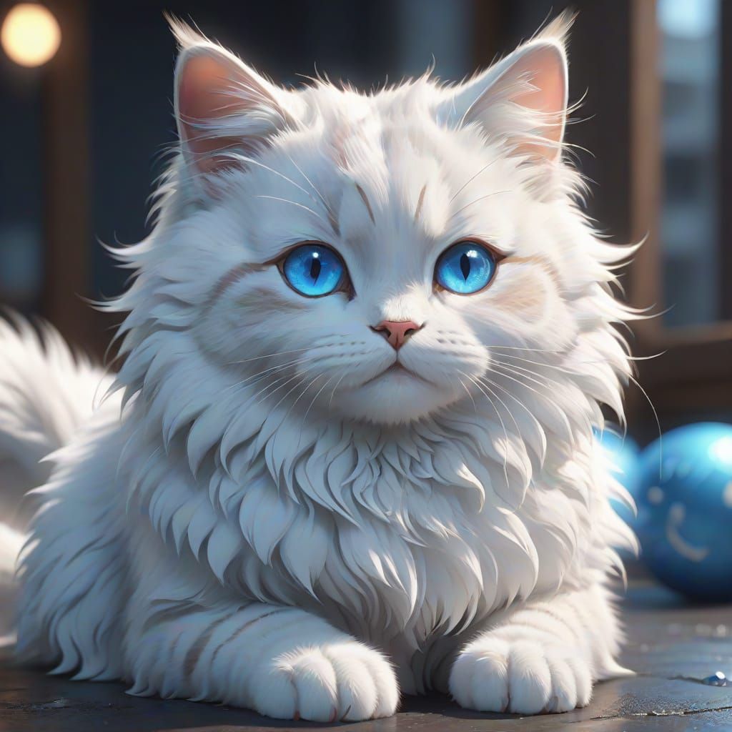 Cute Fluffy Cat with Blue Eyes in 3D Anime Art