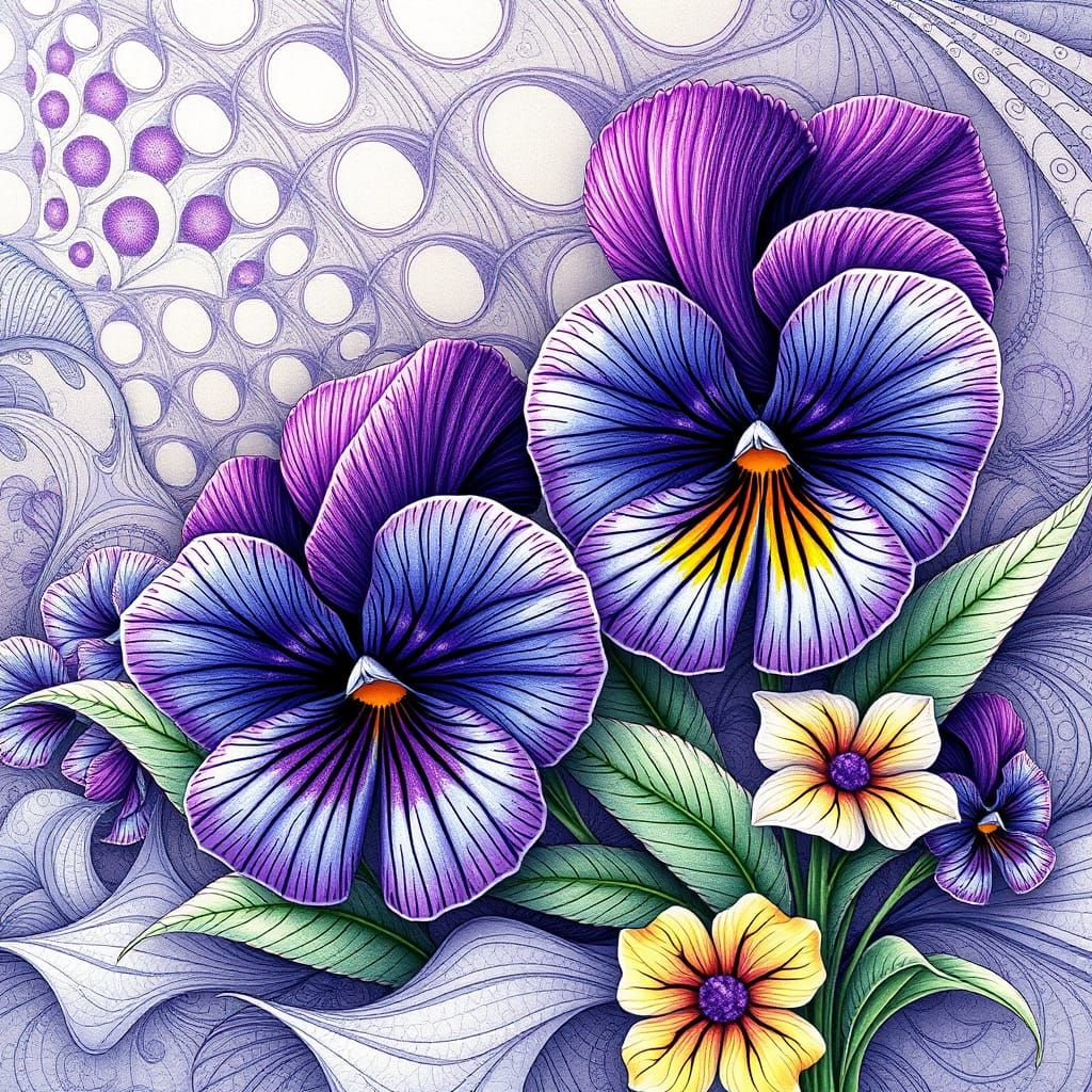 Detailed Pansies in Abstract Fractal Landscape