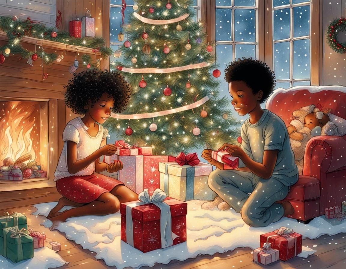 Children Opening Christmas Presents on Christmas Morning
