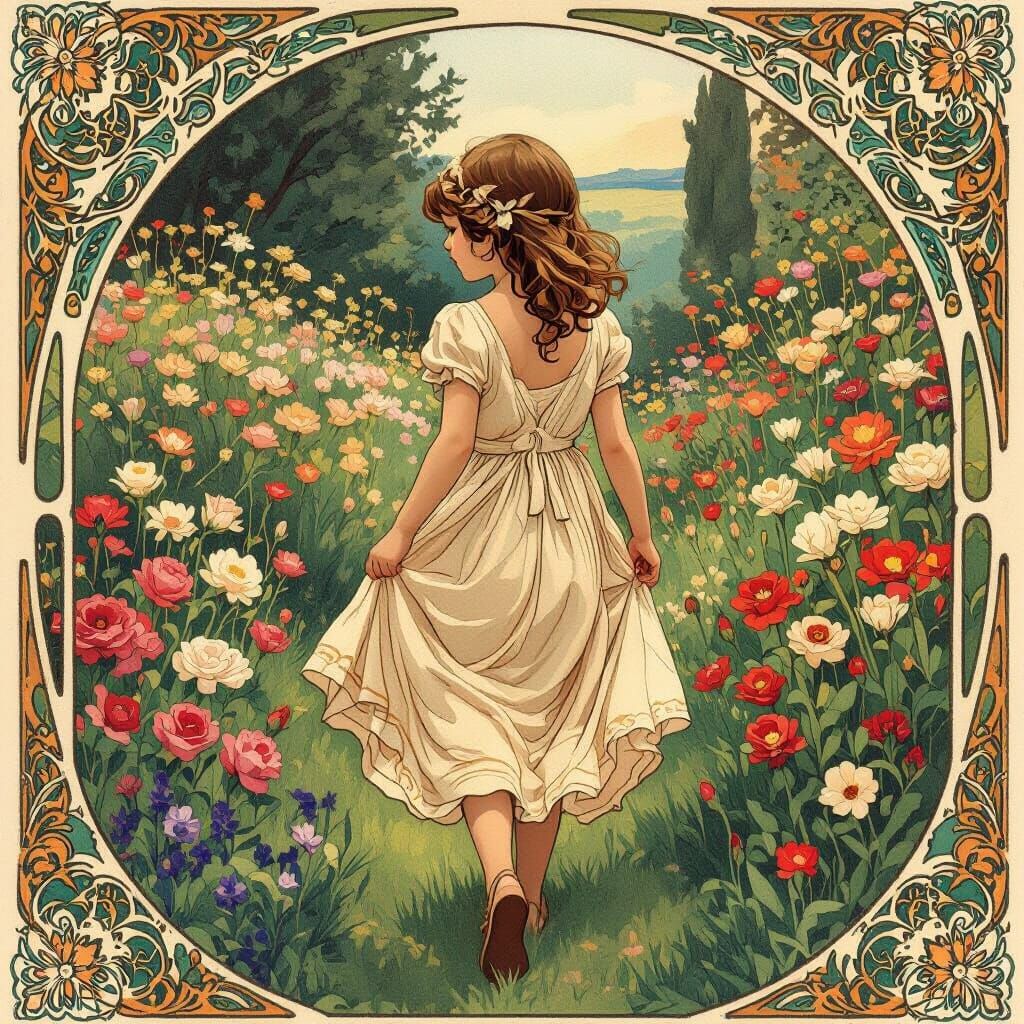 Girl in Garden, Art Nouveau Style