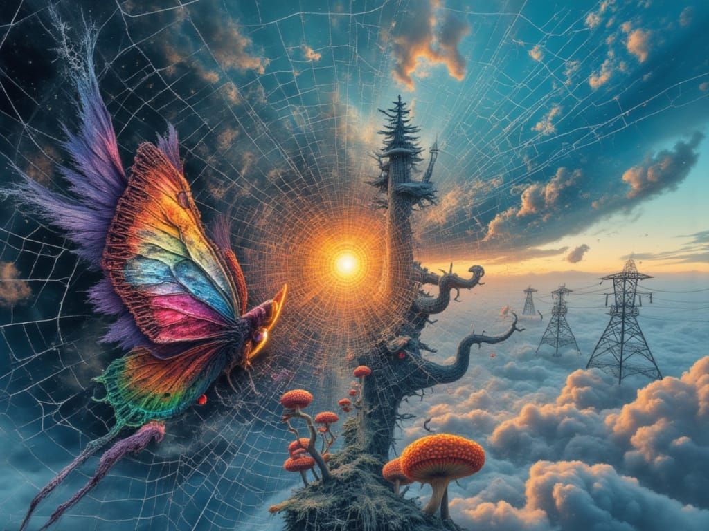 Ethereal Winter Butterfly on Fractal Rainbow Web