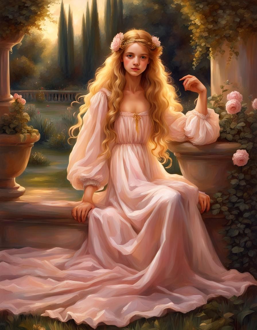 Renaissance Girl with Golden Hair in Garden