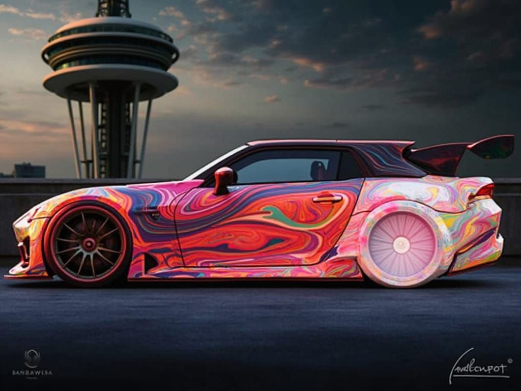 Toyota with Psychedelic Paint Job at Space Needle