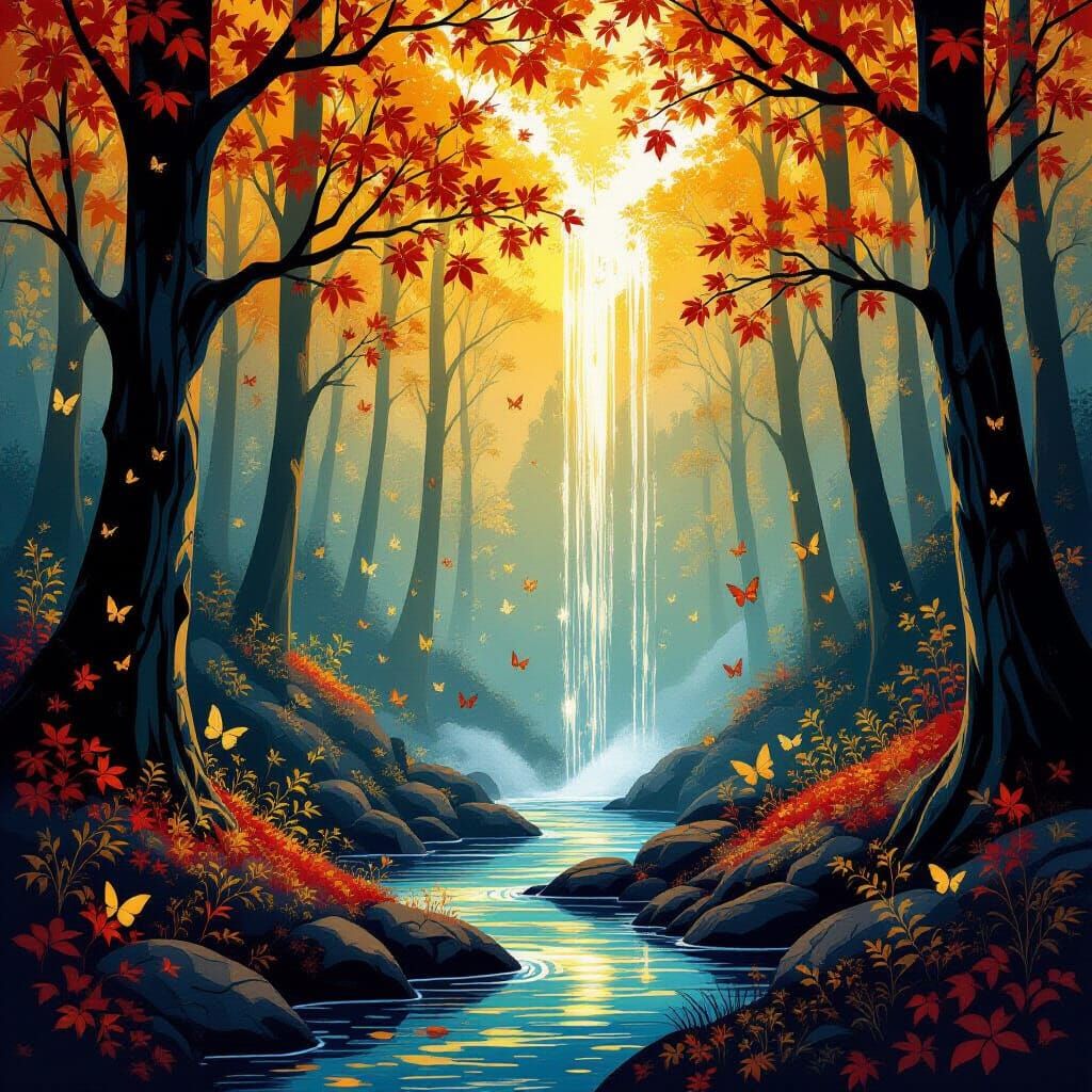 Enchanted Autumn Forest Waterfall of Liquid Gold