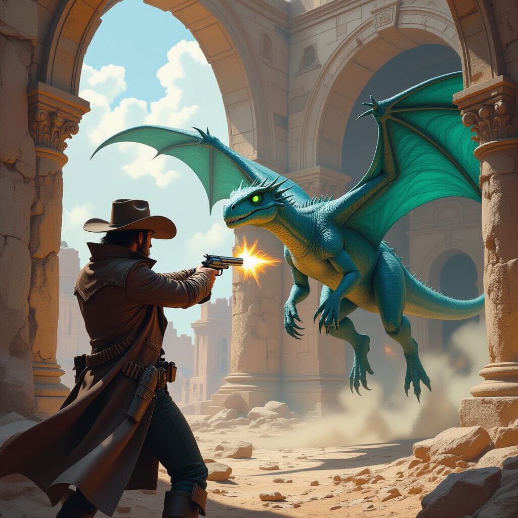 Cowboy Versus Blue Pterodactyl in Hollow Earth Ruins