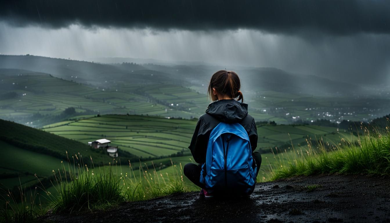 Girl Weeping on Hillside in Heavy Rain