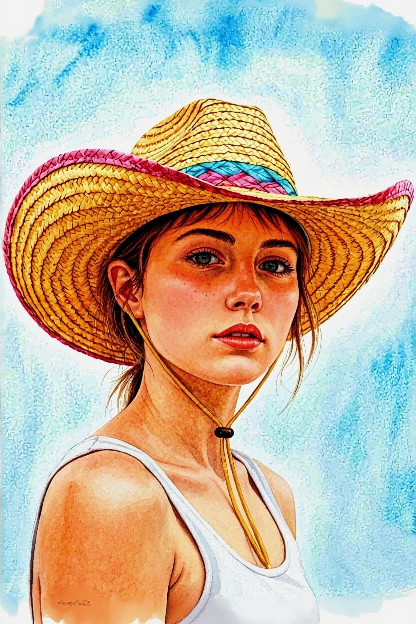 Young Woman in Straw Cowboy Hat, Watercolour Painting