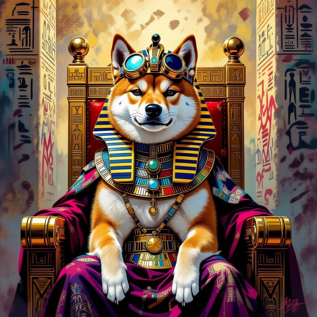 Regal Shiba Inu Pharaoh on Jeweled Throne