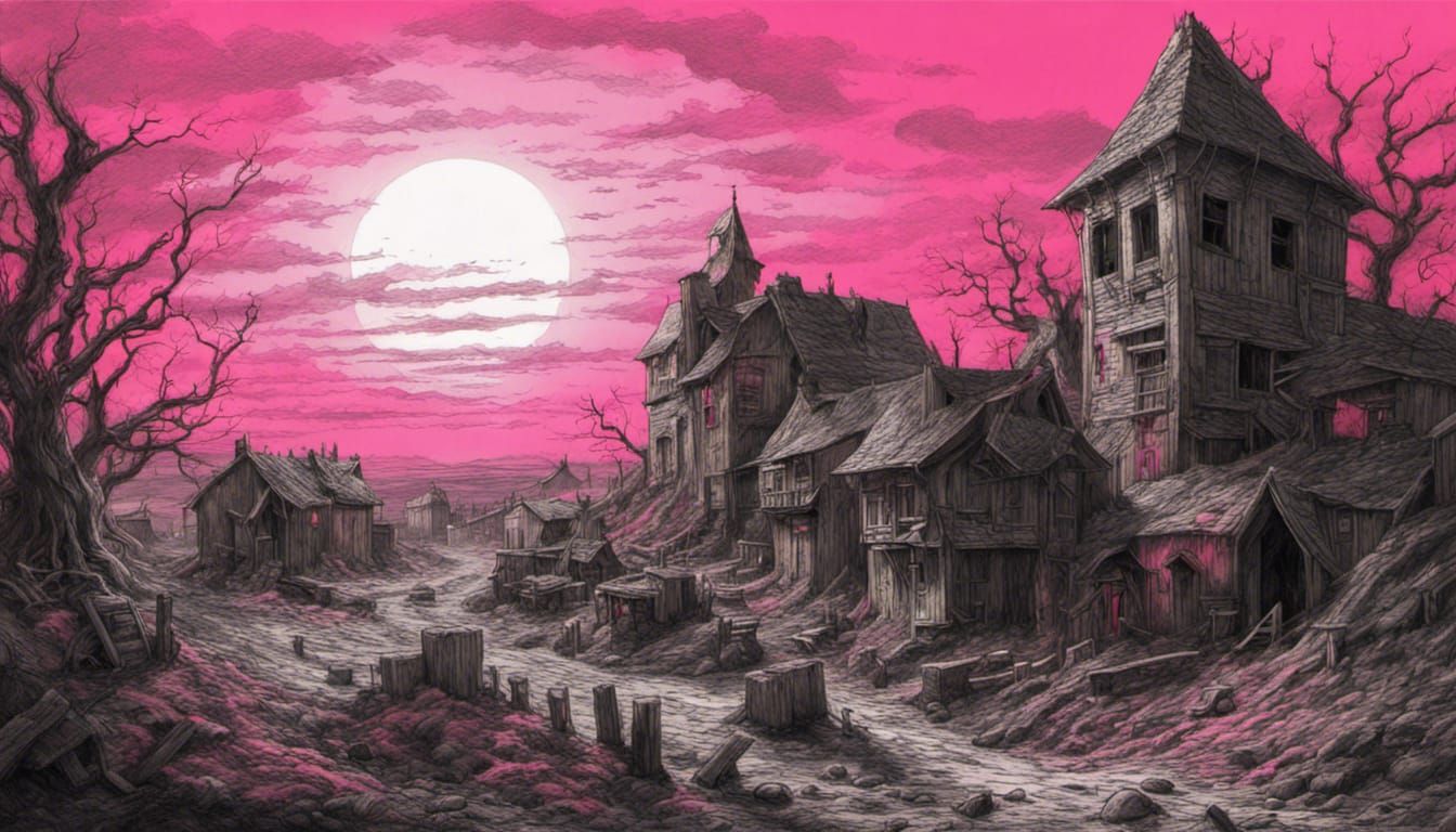 Dying Earth Hamlet in Synthwave Charcoal Style