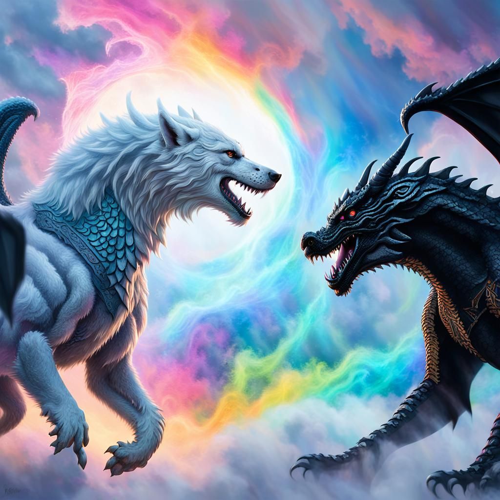 Dire Wolf and Dragon Standoff in Cosmic Scene