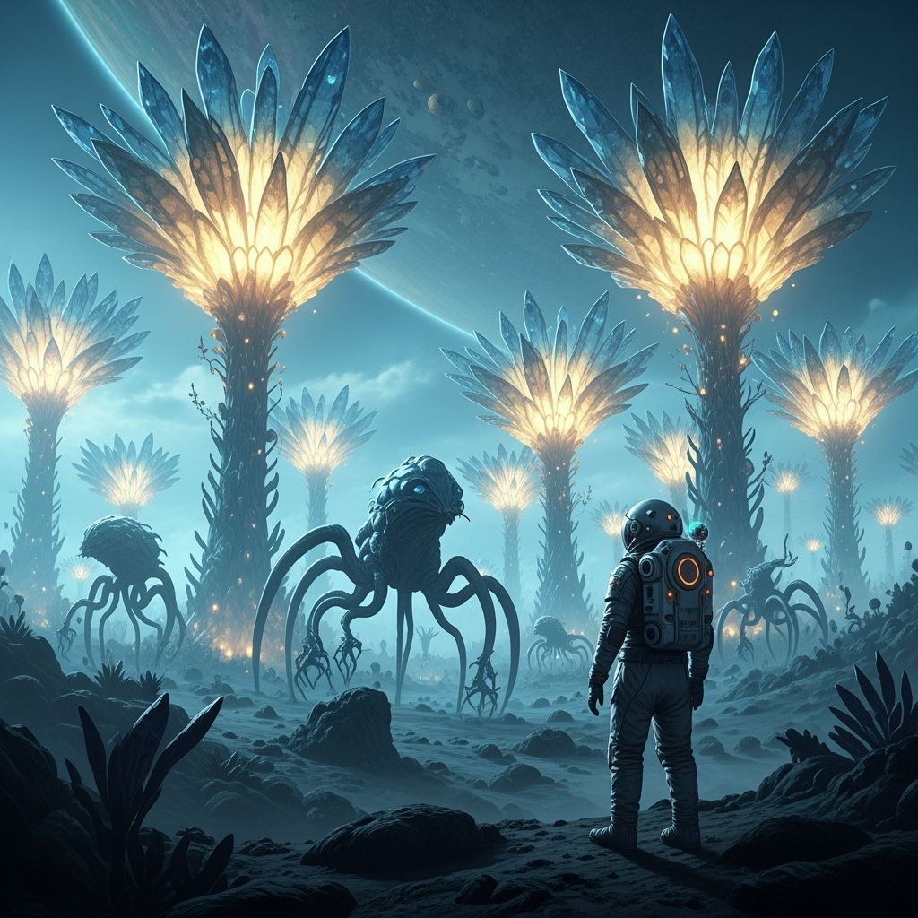 Alien Planet Discovery: Crystalline Flora and Astronaut