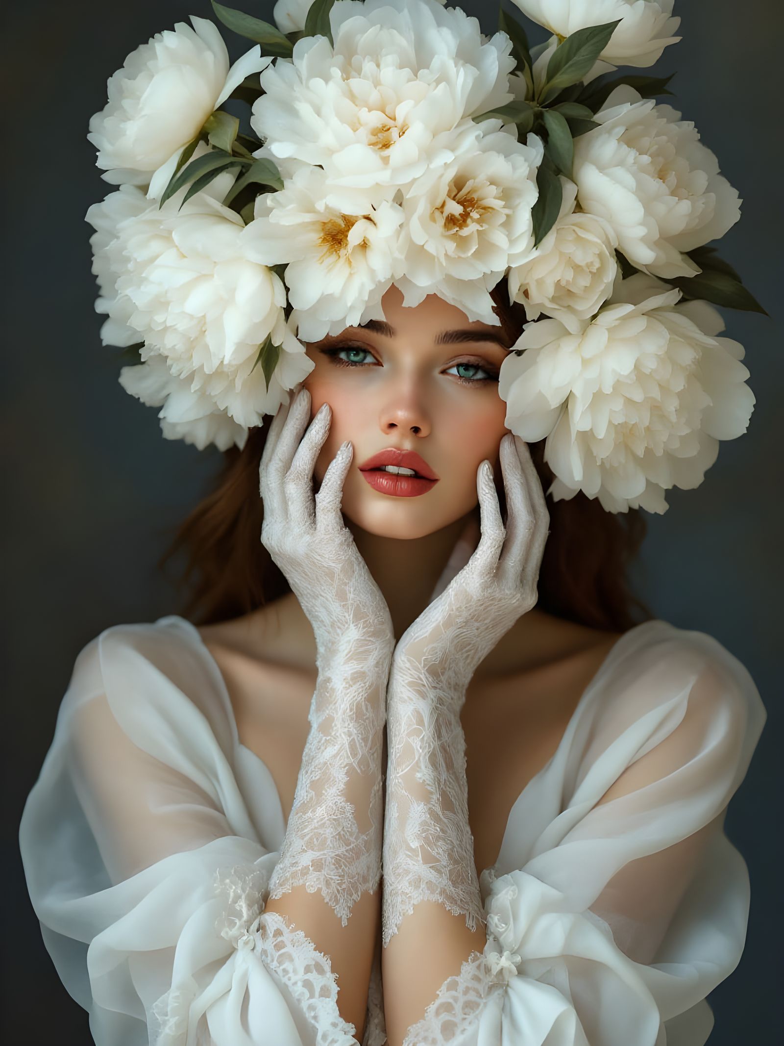 Ethereal Goddess of Peonies in Dark Majesty