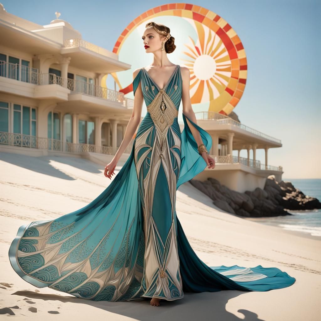 In the  art deco style , an elegant lady gracefully strolls ...