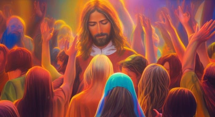 People Worshiping Jesus in Hyperrealistic Style