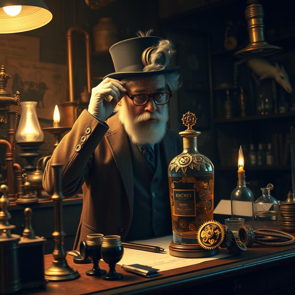 Steampunk Inventor in Dimly Lit Workshop