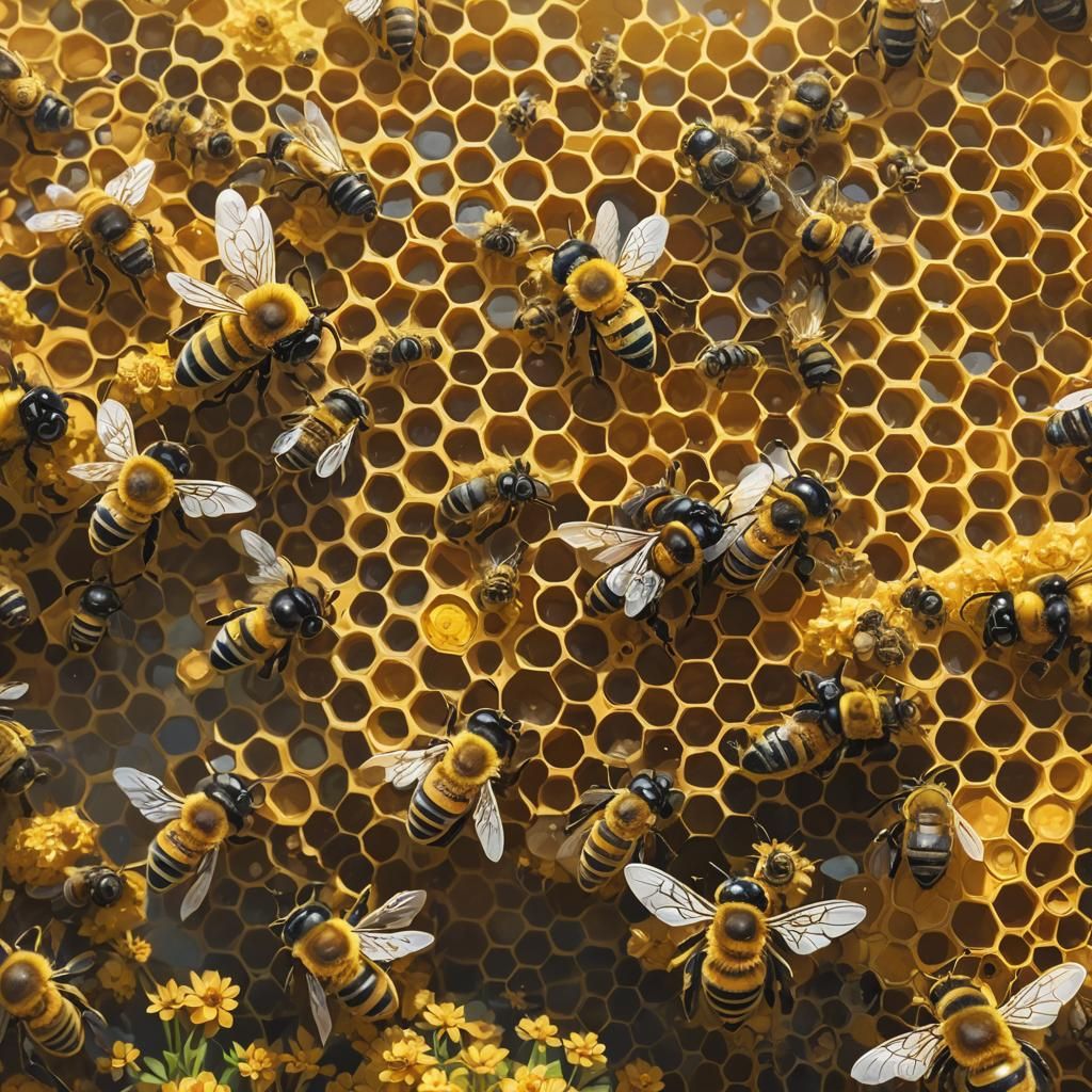 Honeycomb and Bumblebees: A Triadic Color Oil Painting