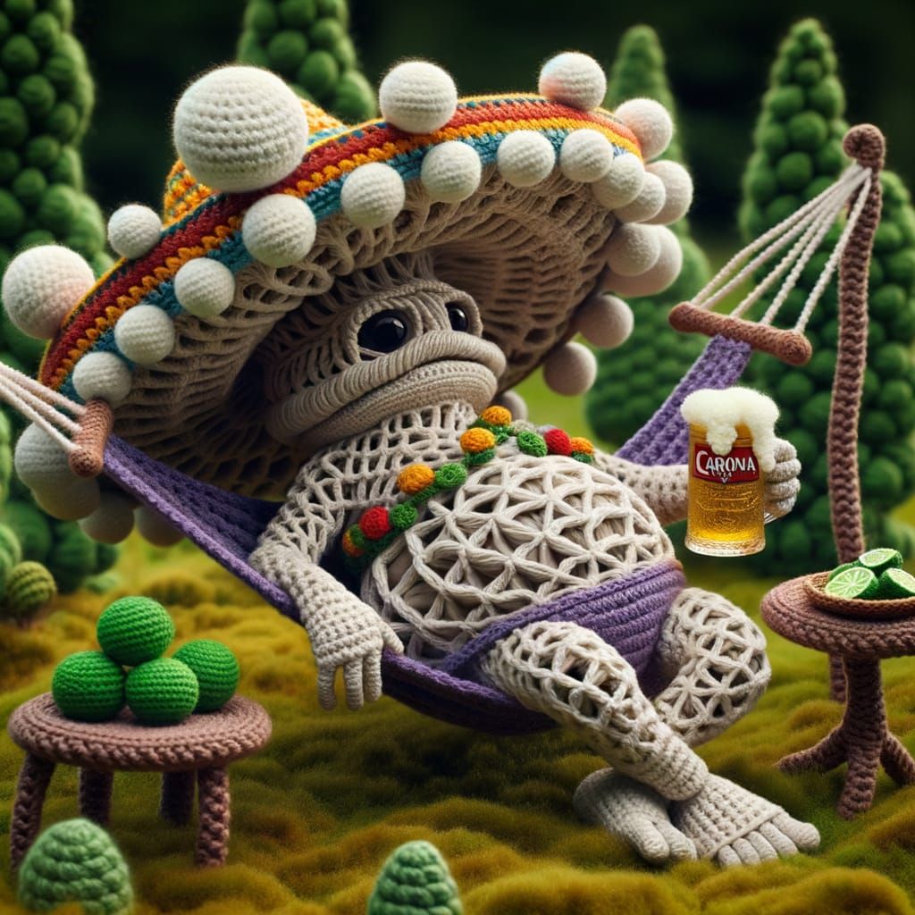 Crocheted Mushroom Man's Surreal Vacation