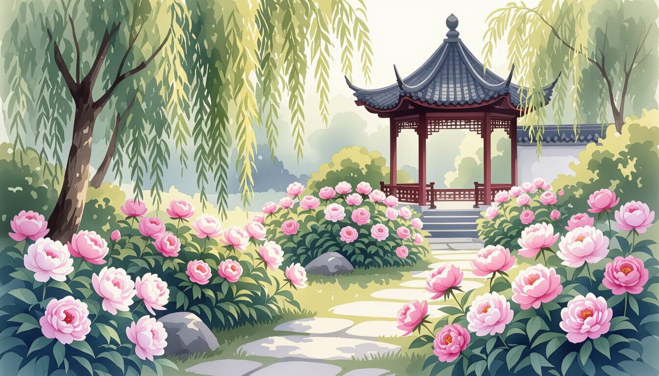 Serene Chinese Garden with Peonies and Pavilion in Watercolo...