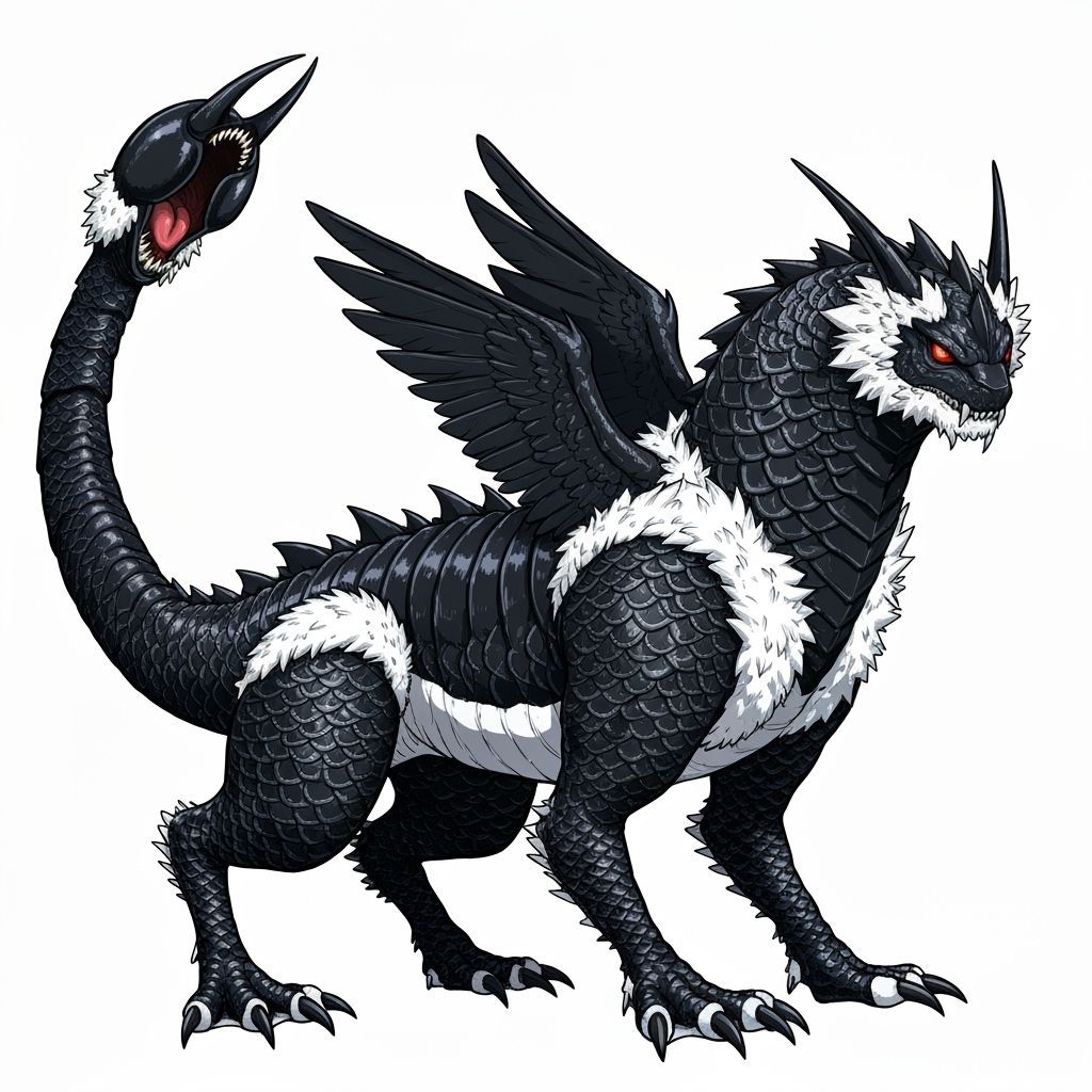 Anime Creature with Black Scales and Scorpion Tail Mouth
