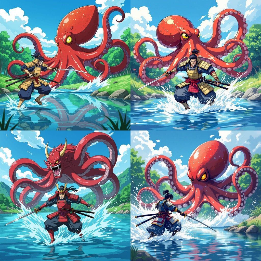 Samurai Battles Giant Octopus Monster in Anime Style