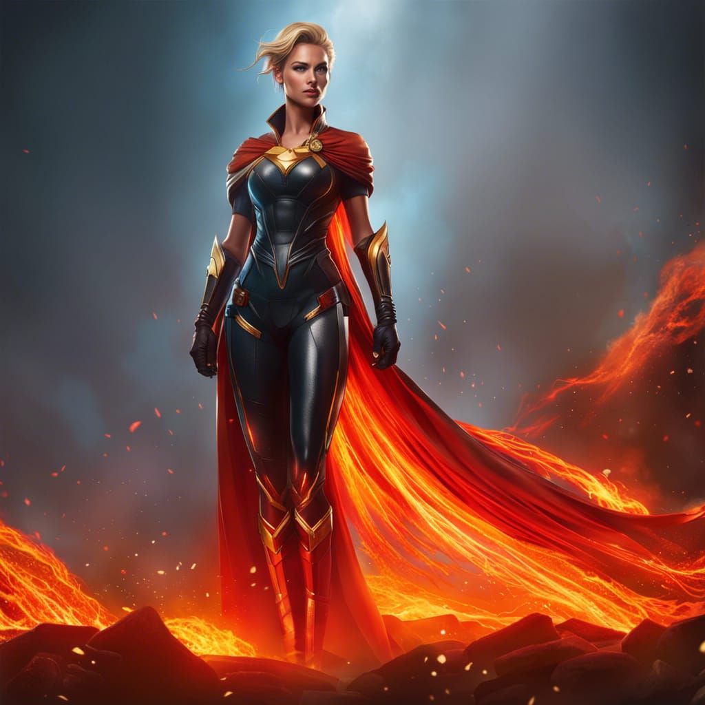 Ultra detailed of flowing lava covered with billowing fire creating a fire woman, rays of light, full body shot, light s...