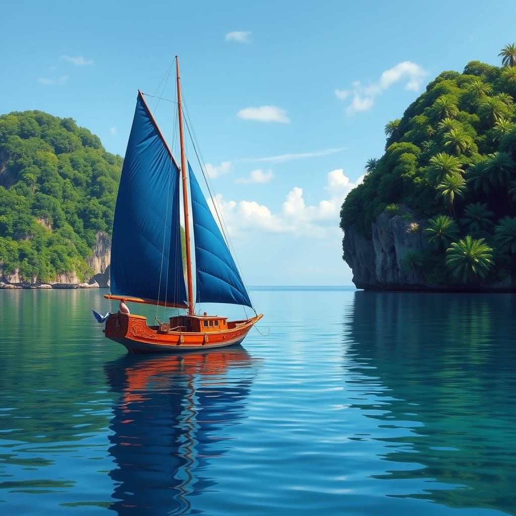 Keelboat on Lagoon in Romanticism Style