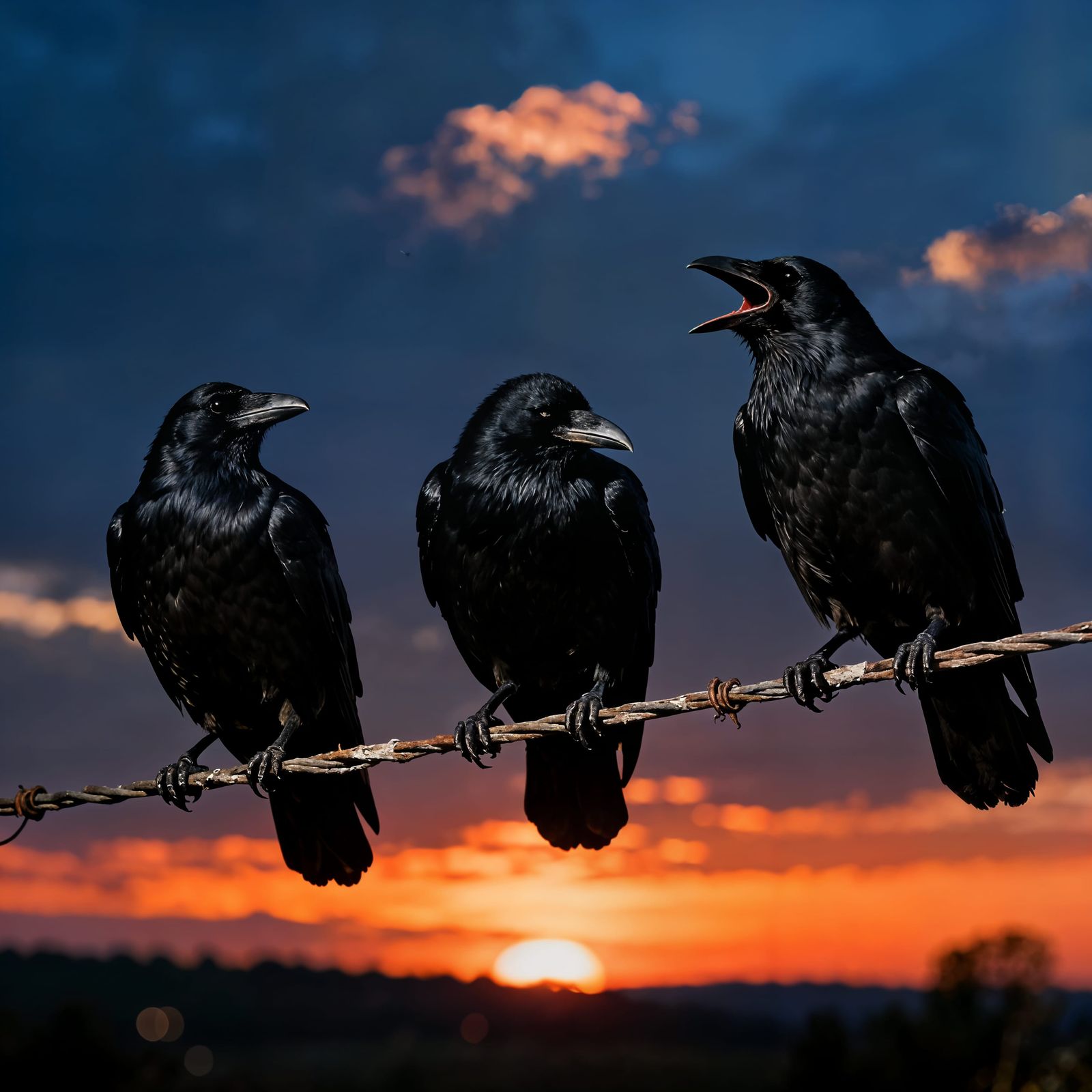 Cinematic Crows on Wire at Twilight