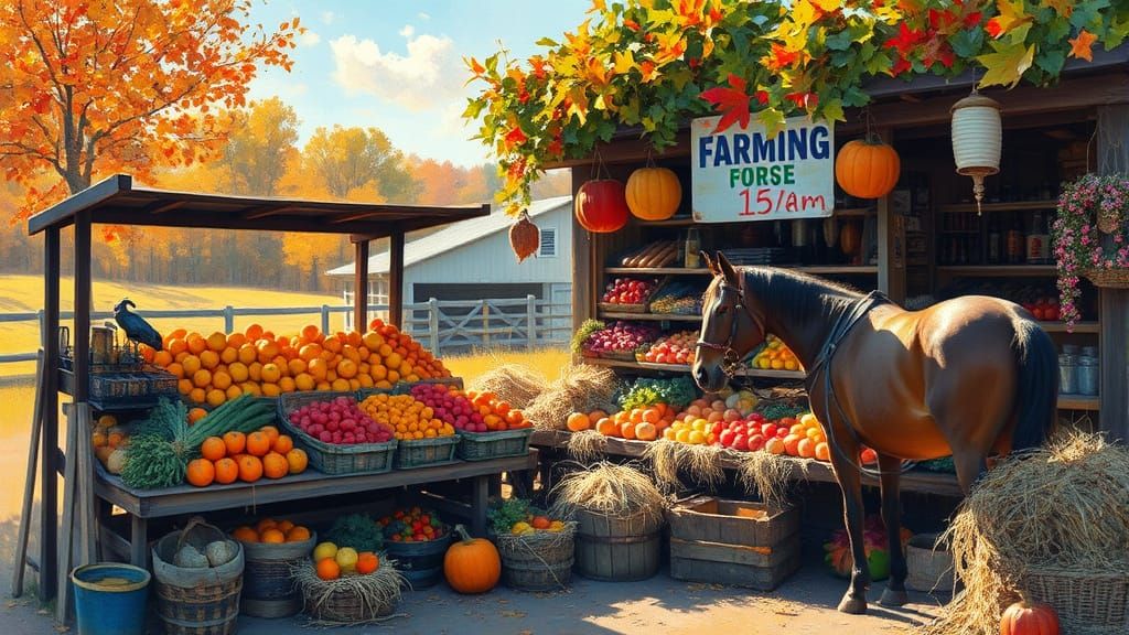 Impressionist Farmstand with Horse in Golden Light