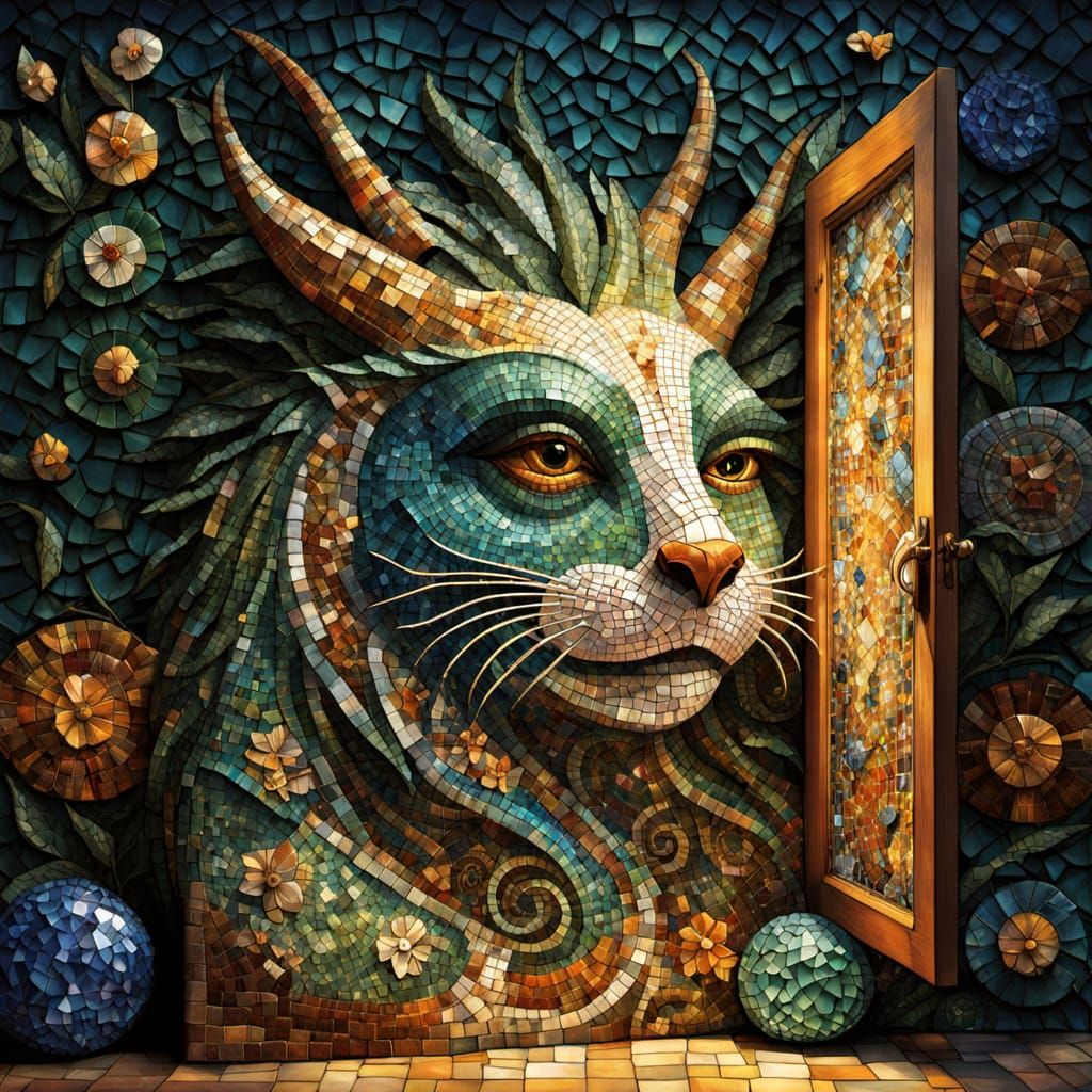 Friendly mosaic monster at the door