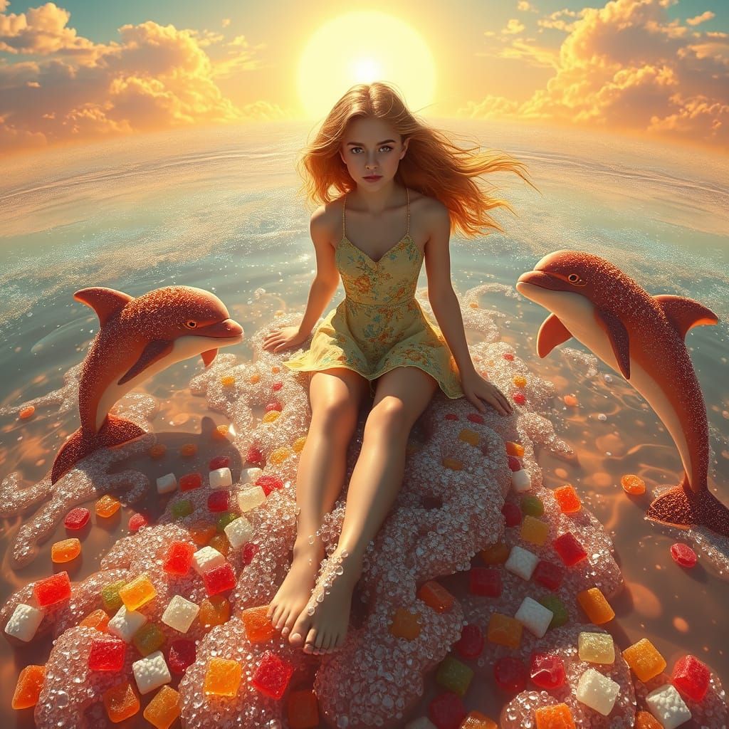 Dreamlike Soda Sea with Candy Dolphins, in Digital Art Style