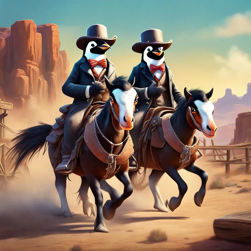 Penguin Cowboys in Wild West Hyperrealistic Art