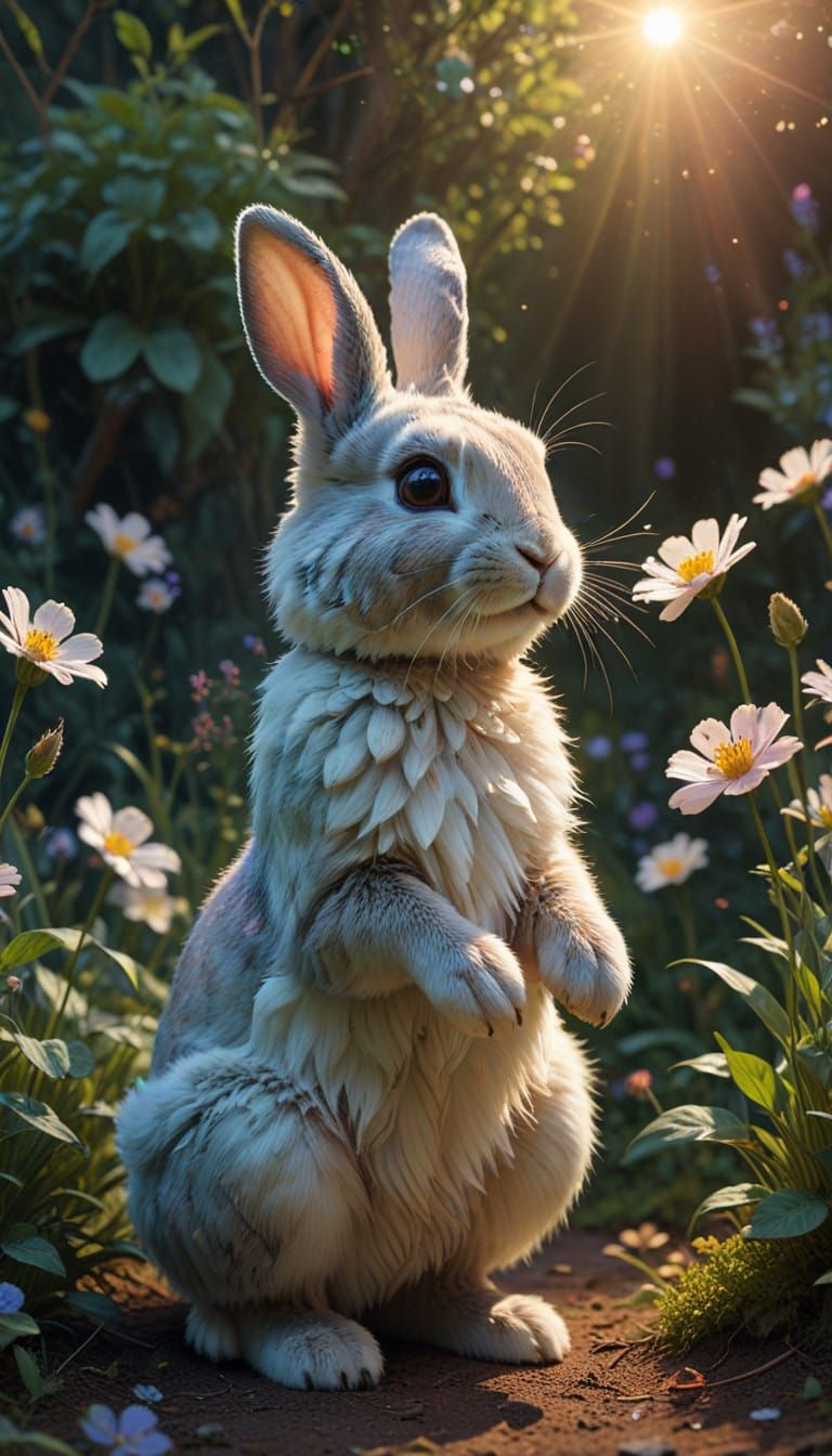 Surreal Bunny Gaze at Blooming Flower in Dreamlike Serenity
