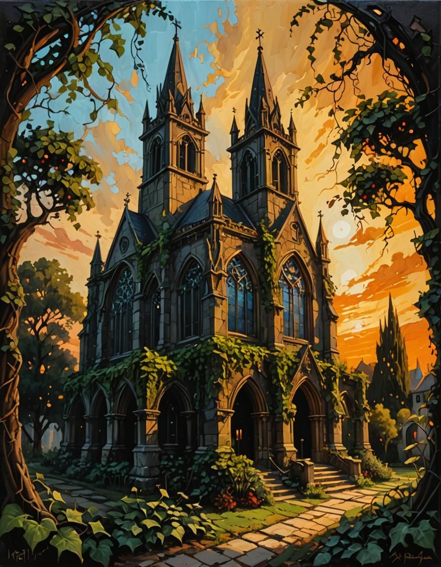 Gothic Church Bathed in Sunset Glow as Acrylic Painting